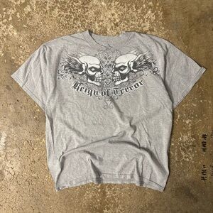 Y2K 2000s Grey Ink Inc Reign Of Terror Skulls Graphic AOP Grunge T-Shirt Size XL